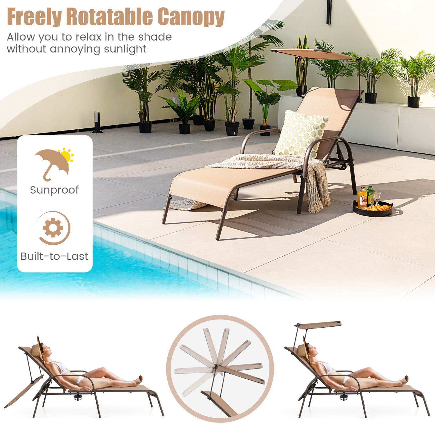 Costway Patio Heavy-Duty Chaise Lounge 5-Level Adjustable Outdoor Recliner Canopy Cup