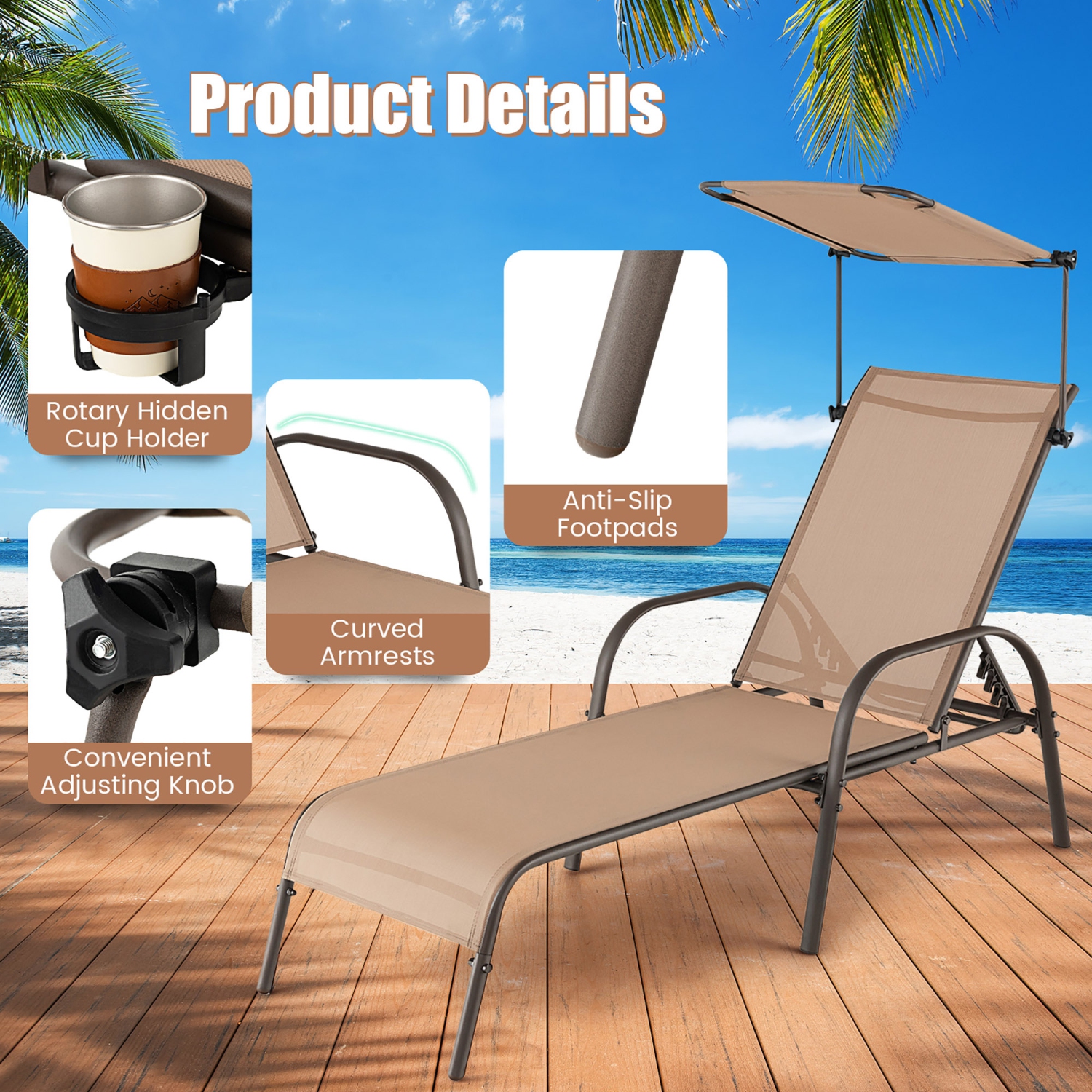 Costway Patio Heavy-Duty Chaise Lounge 5-Level Adjustable Outdoor Recliner Canopy Cup