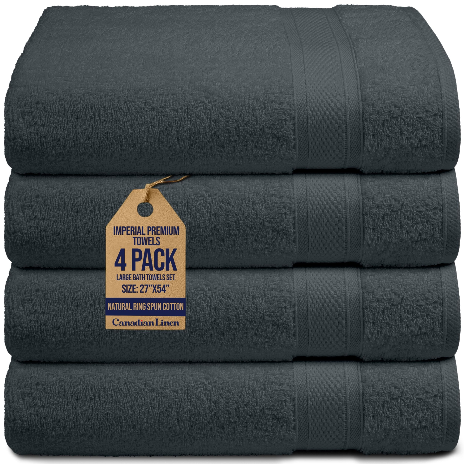 Canadian Linen Imperial Large Bath Towels Set, 27”x54” 4 Pack Lightweight Quick Dry Soft Absorbent Cotton Body Towel for Home Hotel Resorts, Dark Grey