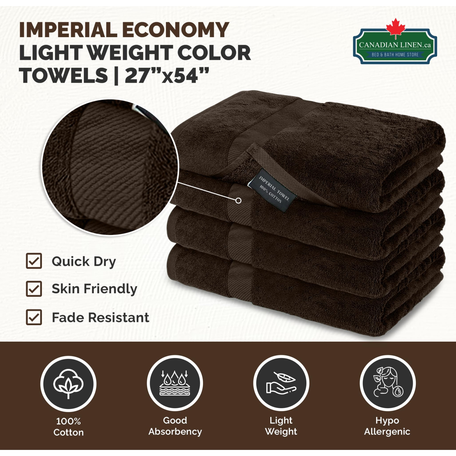Canadian Linen Imperial Large Bath Towels Set, 27”x54” 4 Pack, Soft Absorbent Cotton Lightweight Quick Dry Towel for Hotels Beauty Salon Motels, Brown