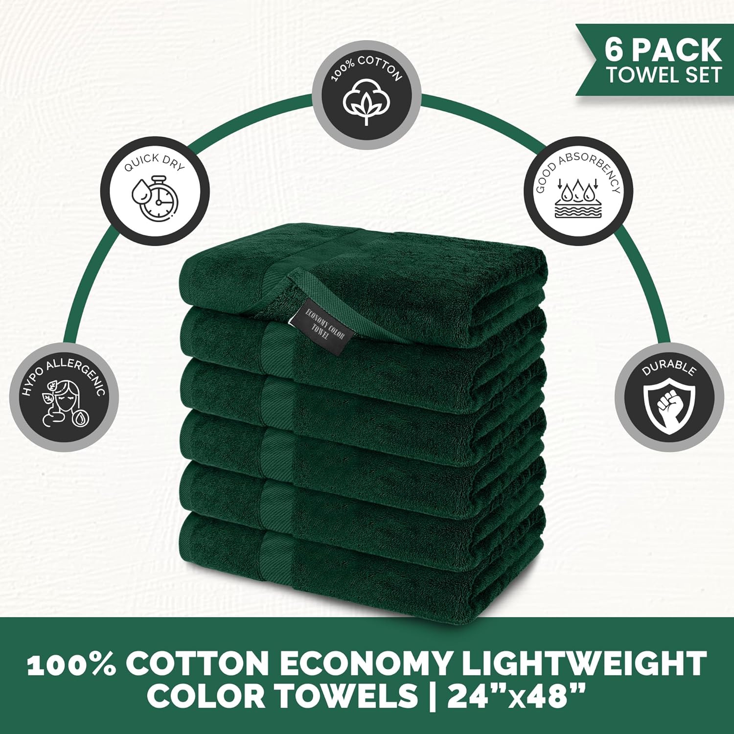 Ensemble de 6 serviettes de bain vert chasseur Canadian Linen Imperial Basic pour salle de bain 24 x x48 po 100 % coton éponge moyen serviette mince