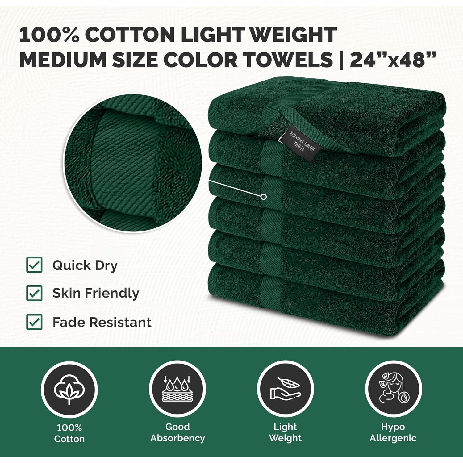 Ensemble de 6 serviettes de bain vert chasseur Canadian Linen Imperial Basic pour salle de bain 24 x x48 po 100 % coton éponge moyen serviette mince