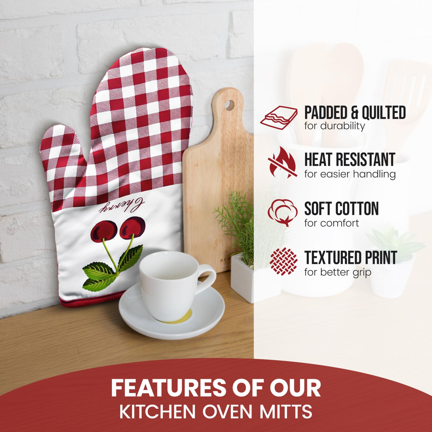 Canadian Linen Oven Mitts, 180°C Heat Resistant Cotton Non Slip Machine Washable Oven Gloves for Kitchen, Cooking BBQ Grilling, Red Checkered Contrast