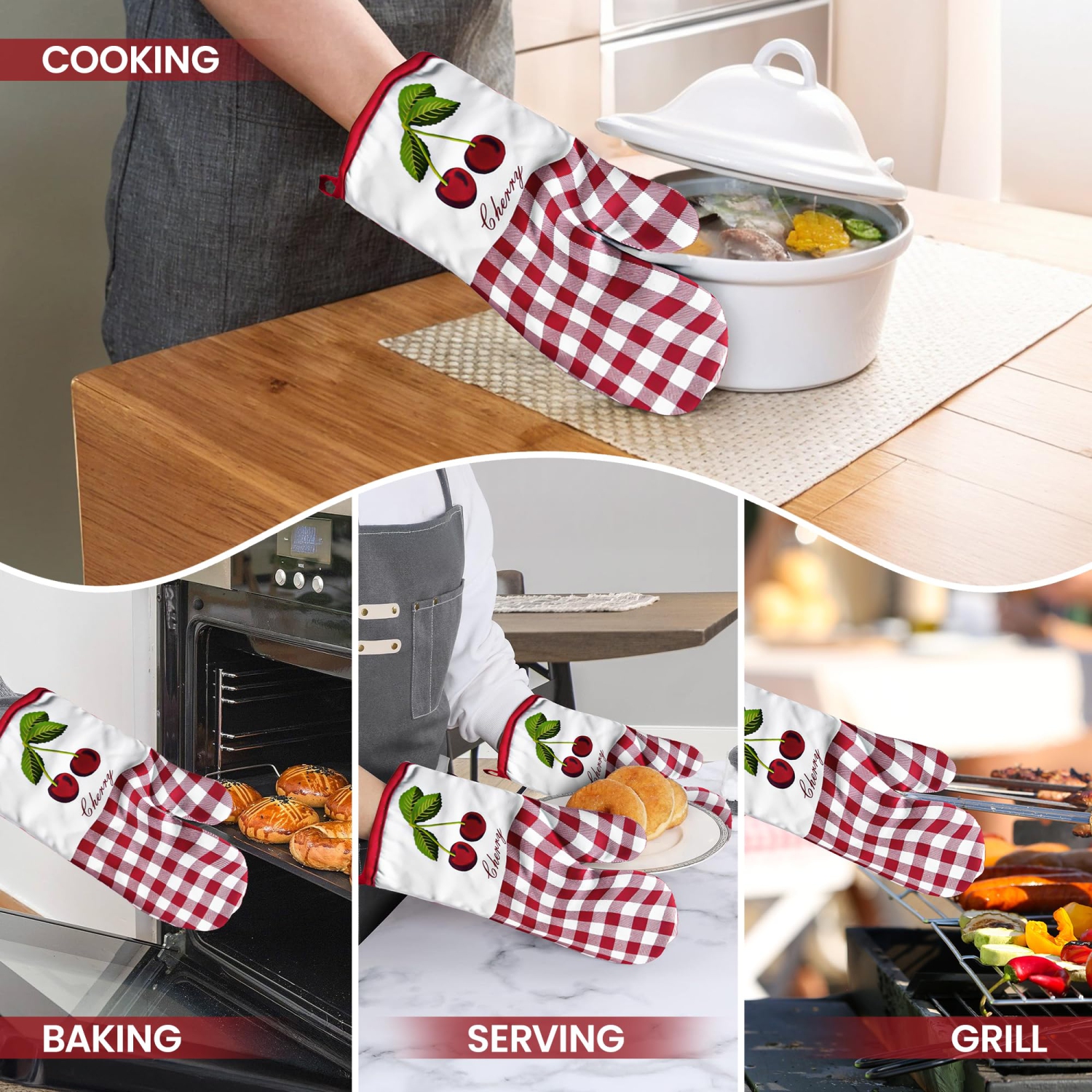 Canadian Linen Oven Mitts, 180°C Heat Resistant Cotton Non Slip Machine Washable Oven Gloves for Kitchen, Cooking BBQ Grilling, Red Checkered Contrast