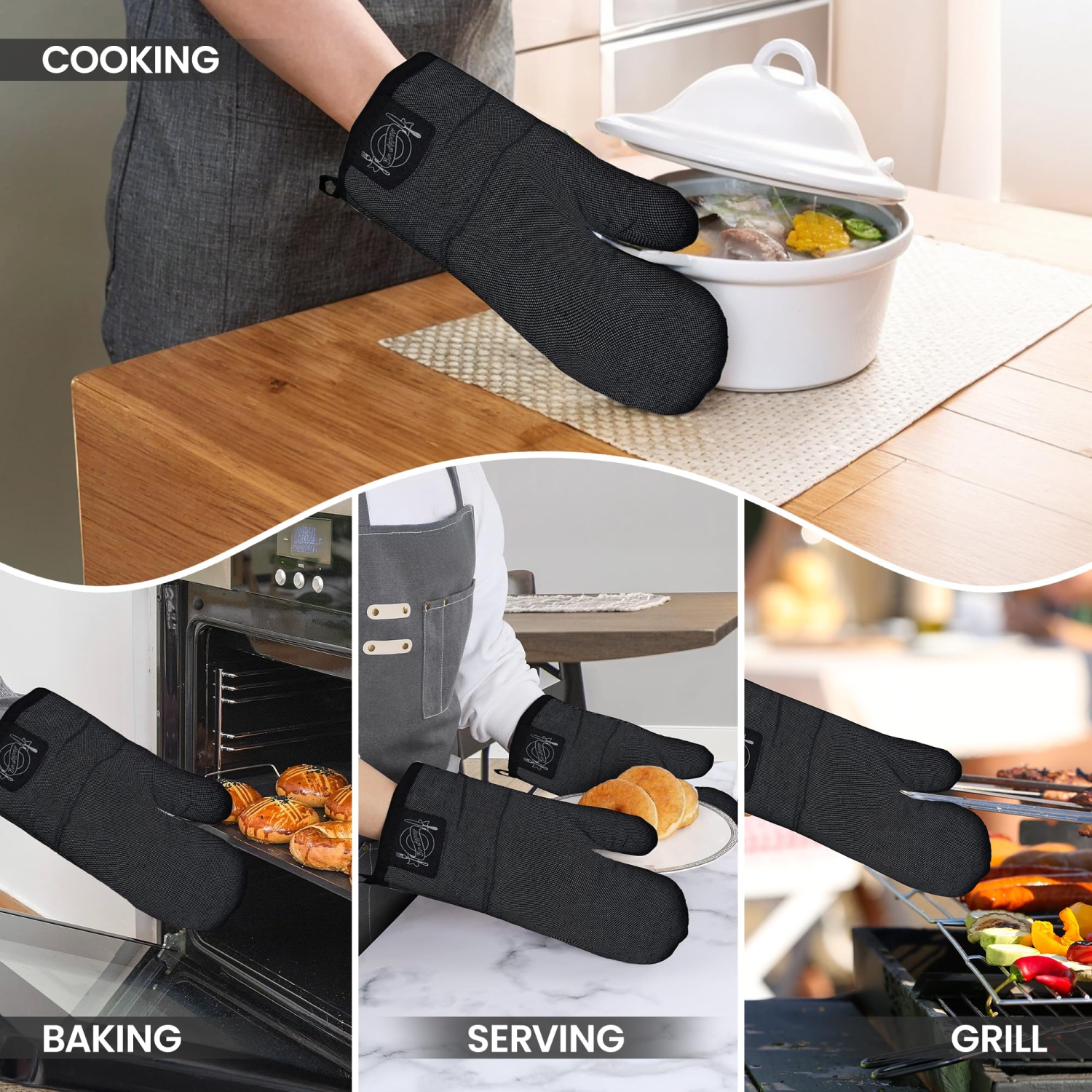 Canadian Linen Oven Mitt, 180°C Heat Resistant Cotton Non Slip Grip Cotton Terrycloth Oven Mitt for Kitchen Cooking Baking BBQ Grilling, Grey Contrast