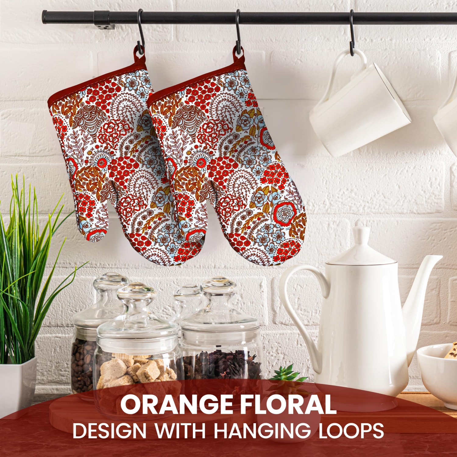 Canadian Linen Oven Mitts, 180°C Heat Resistant Cotton Non Slip Grip Machine Washable Oven Mitts for Baking Microwave Kitchen Cooking, Orange Printed