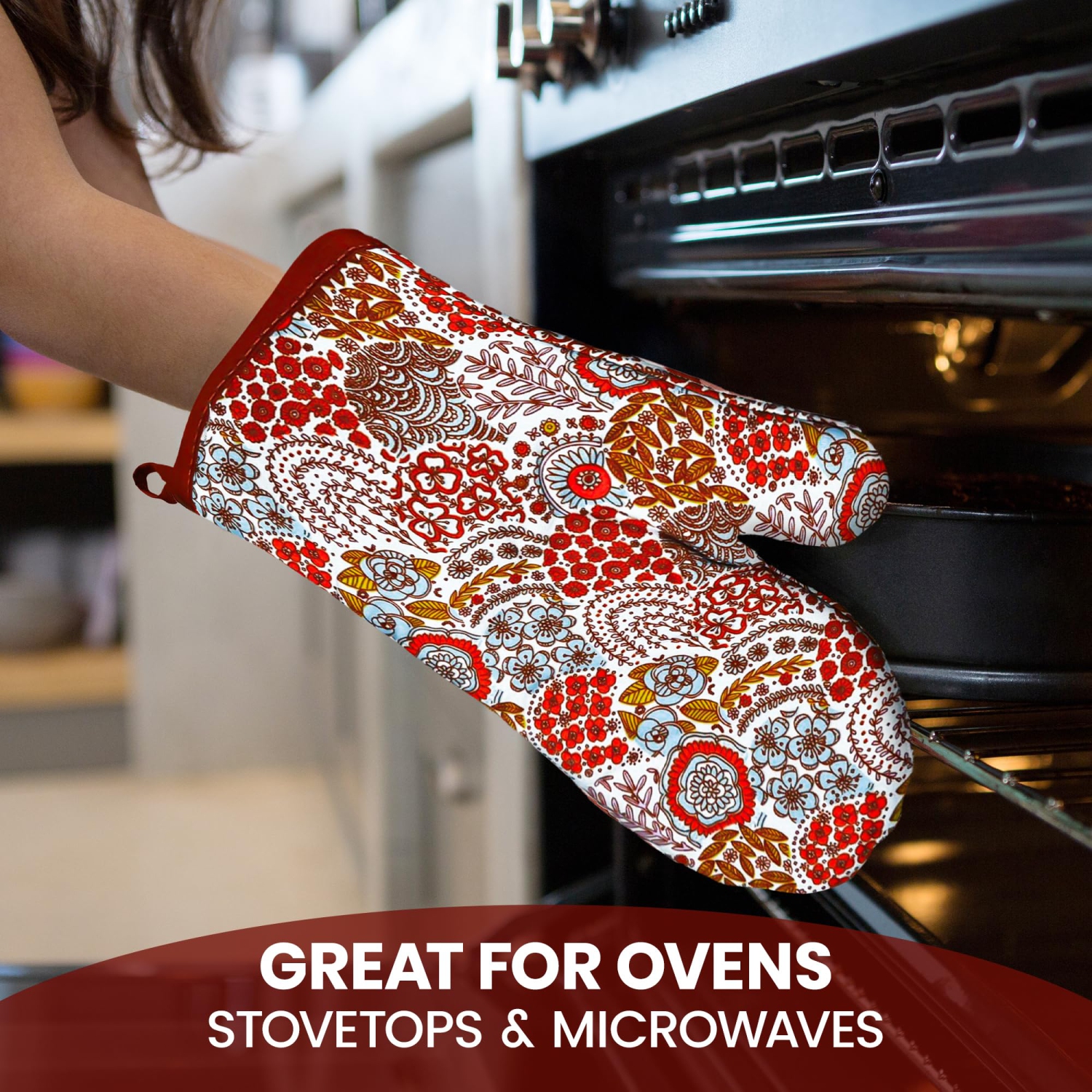 Canadian Linen Oven Mitts, 180°C Heat Resistant Cotton Non Slip Grip Machine Washable Oven Mitts for Baking Microwave Kitchen Cooking, Orange Printed