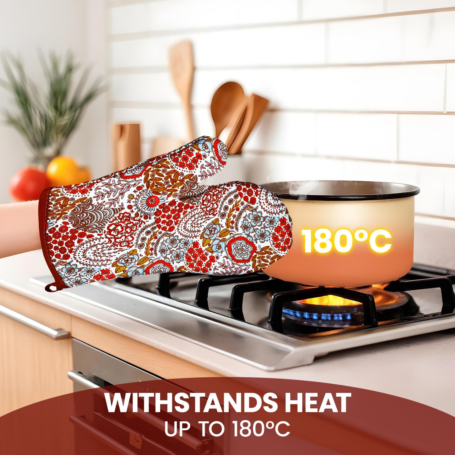 Canadian Linen Oven Mitts, 180°C Heat Resistant Cotton Non Slip Grip Machine Washable Oven Mitts for Baking Microwave Kitchen Cooking, Orange Printed