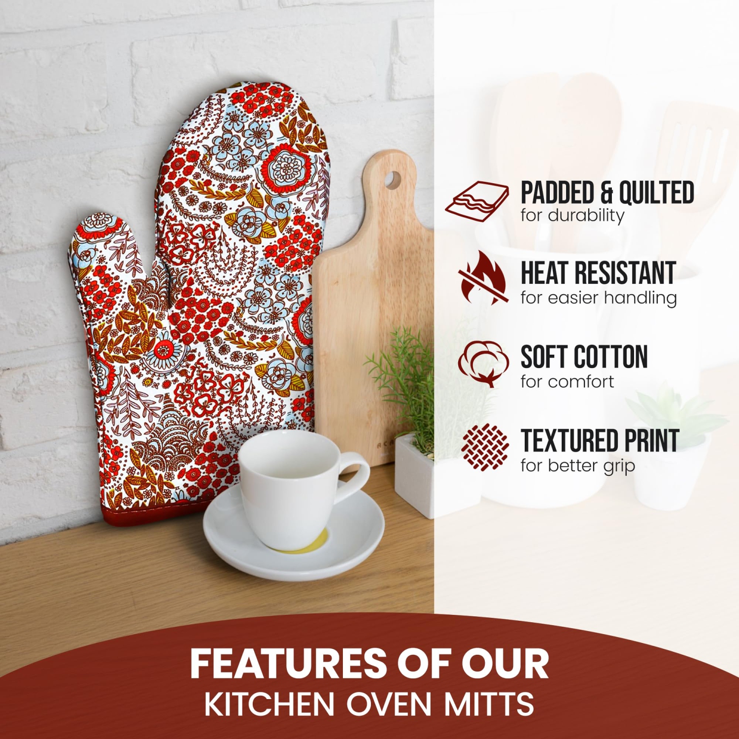 Canadian Linen Oven Mitts, 180°C Heat Resistant Cotton Non Slip Grip Machine Washable Oven Mitts for Baking Microwave Kitchen Cooking, Orange Printed