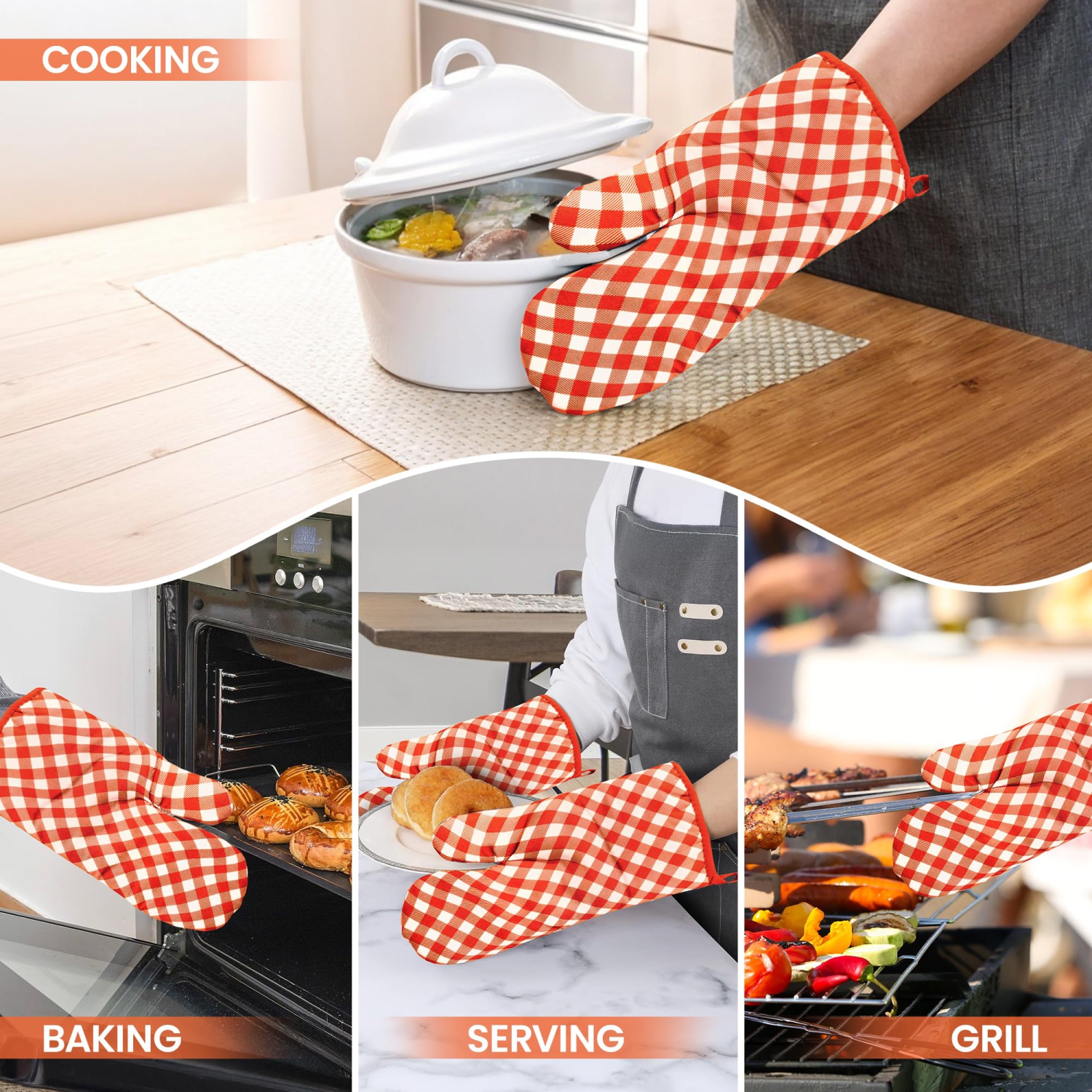 Canadian Linen Oven Mitts, 180°C Heat Resistant Cotton Non Slip GripTerrycloth Oven Gloves for Kitchen Cooking Baking Microwave Grilling BBQ, Orange