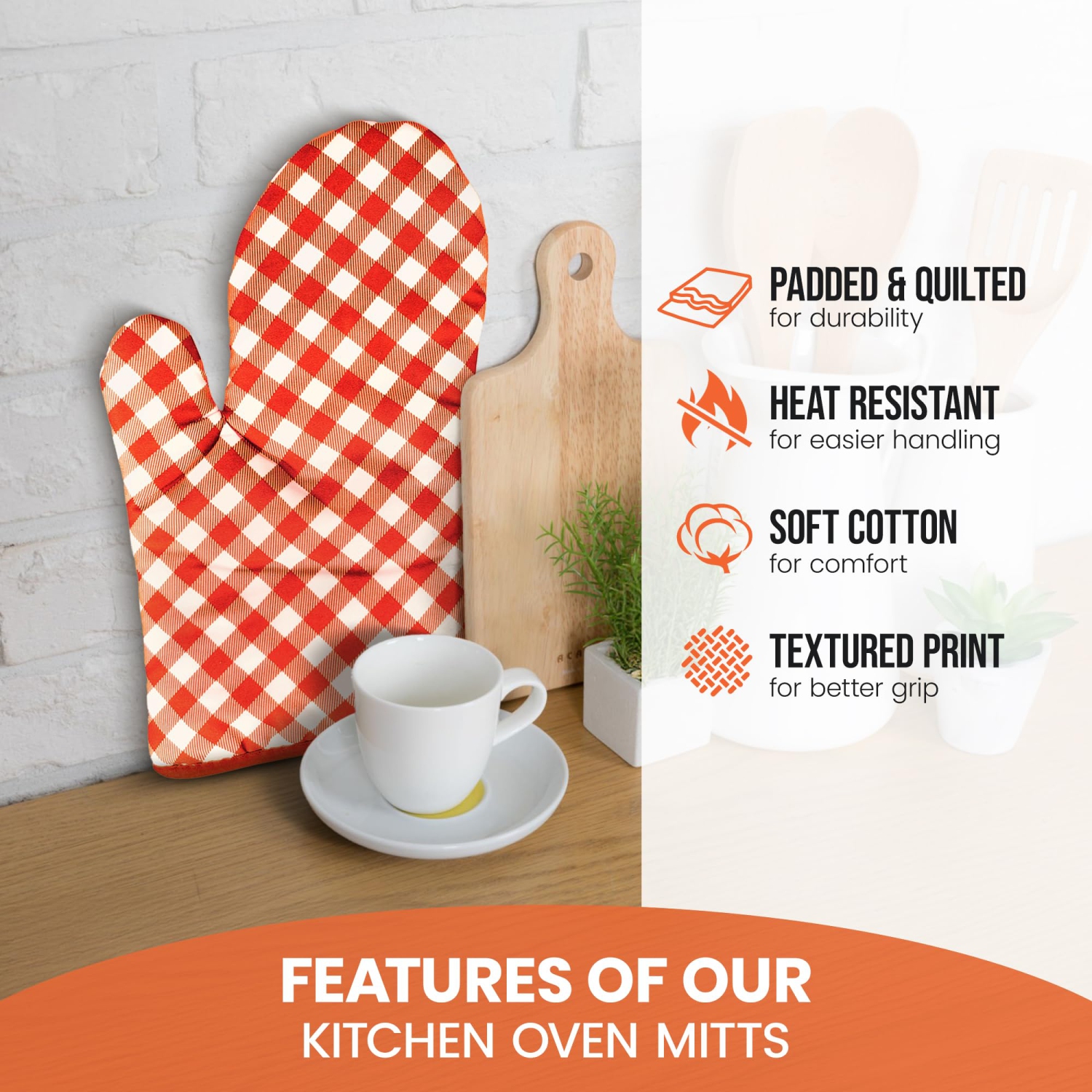 Canadian Linen Oven Mitts, 180°C Heat Resistant Cotton Non Slip GripTerrycloth Oven Gloves for Kitchen Cooking Baking Microwave Grilling BBQ, Orange