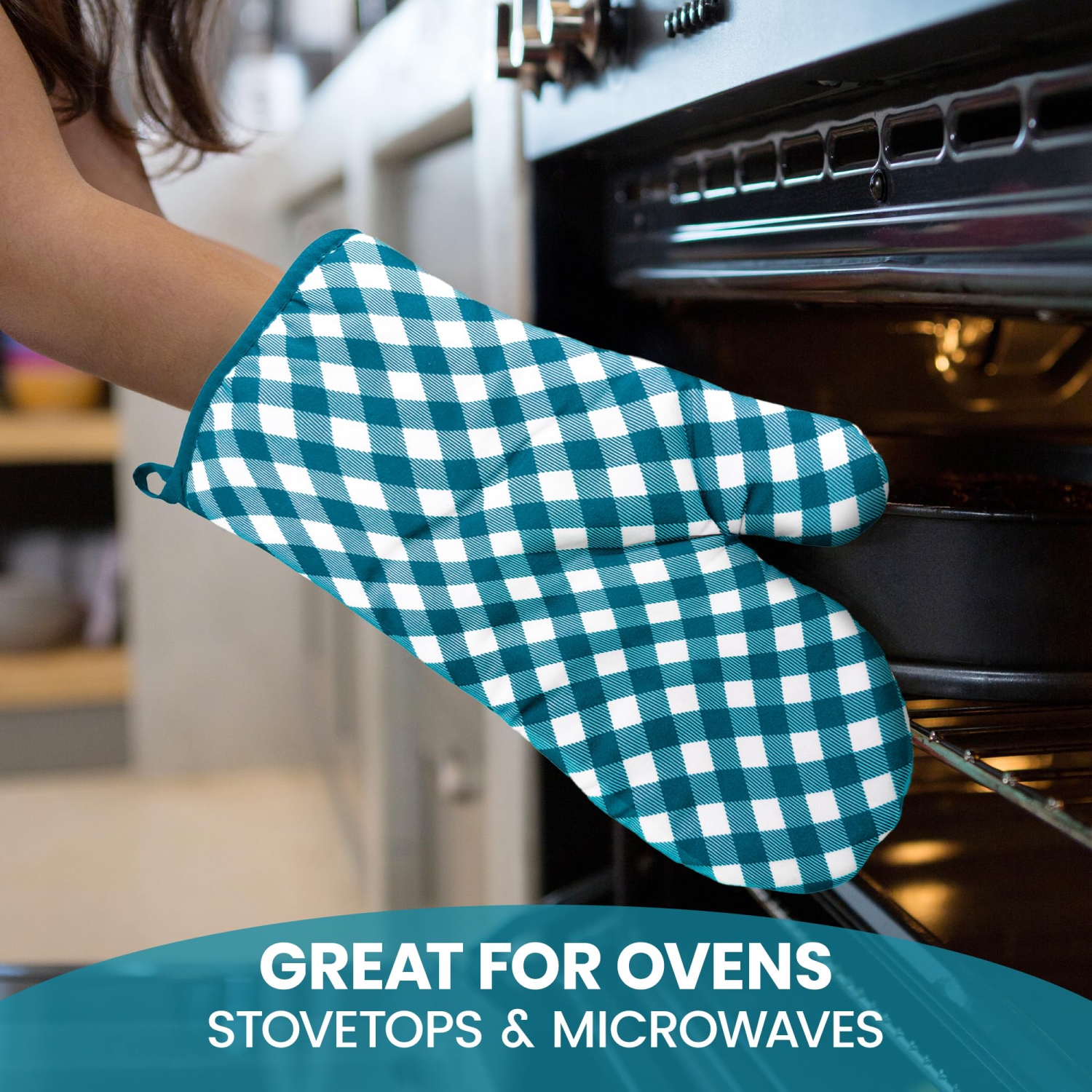 Canadian Linen Oven Mitts, 180°C Heat Resistant Cotton Non Slip Grip Terrycloth Gloves for Kitchen Microwave Cooking Baking Grilling BBQ Gloves, Blue