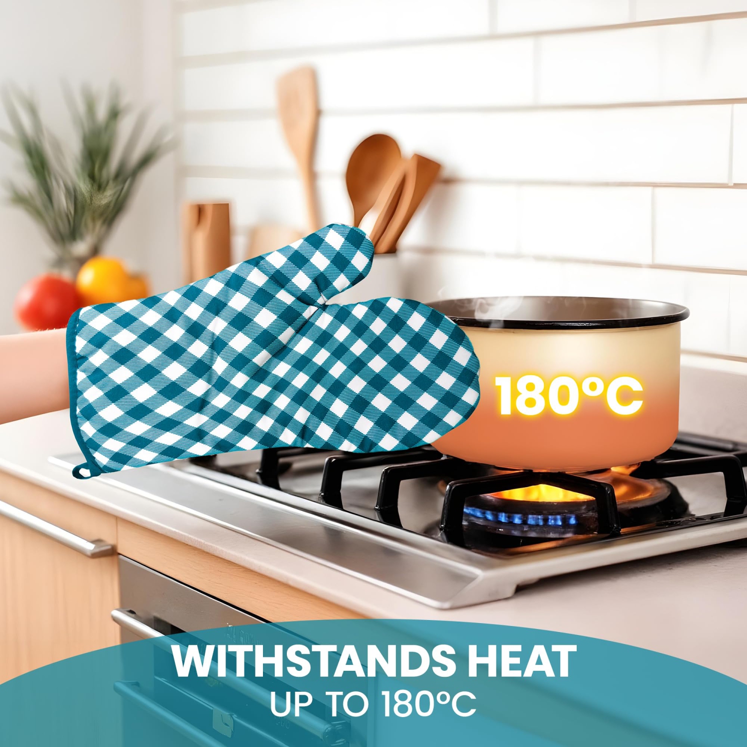 Canadian Linen Oven Mitts, 180°C Heat Resistant Cotton Non Slip Grip Terrycloth Gloves for Kitchen Microwave Cooking Baking Grilling BBQ Gloves, Blue