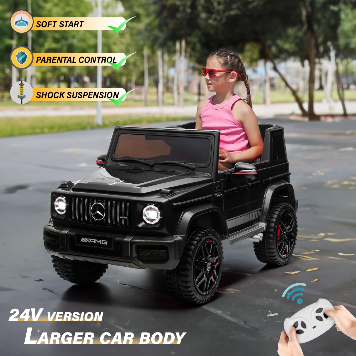 VOLTZ TOYS Licensed AMG G63, 24V Electric Kids' Ride On Car with Parental Remote Control, LED Lights, Leather Seat and MP3