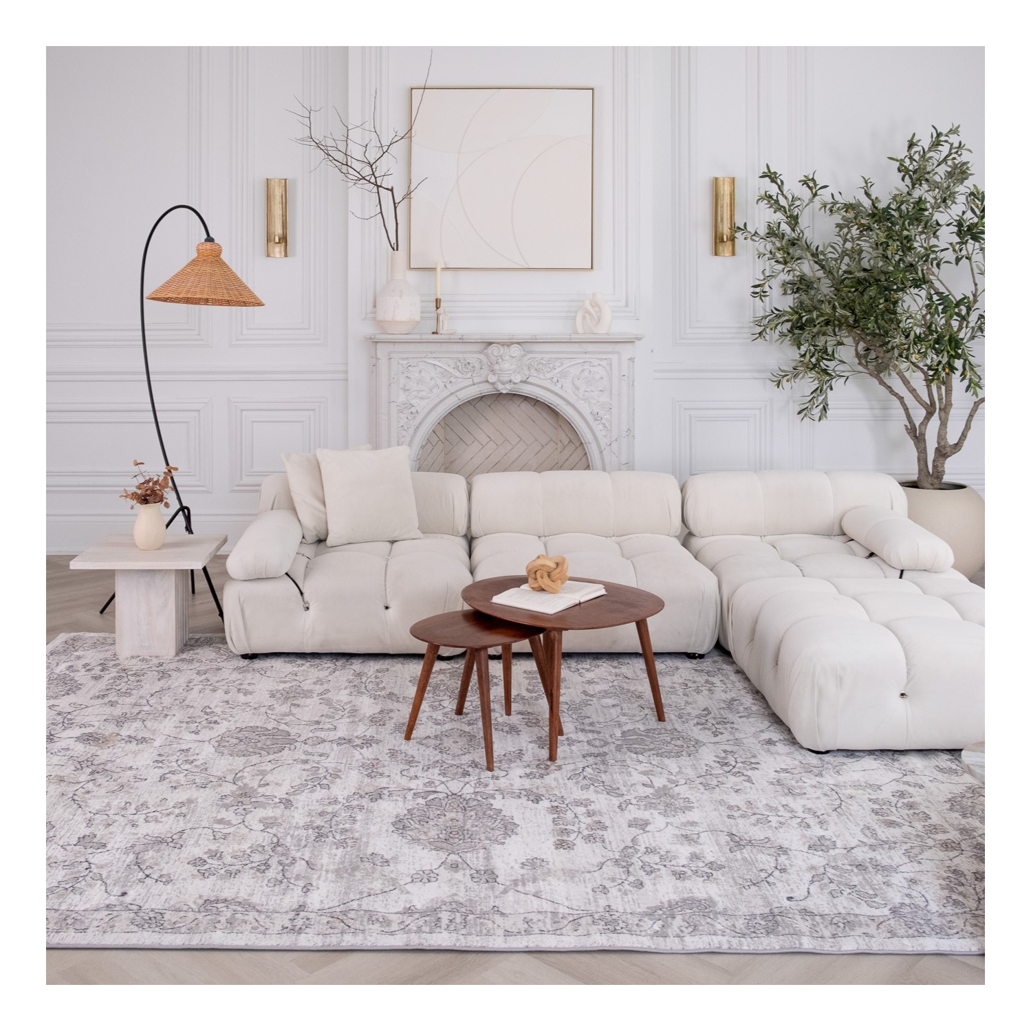 Tapis d'intérieur traditionnel motif médaillon floral Carmi beige/gris branche