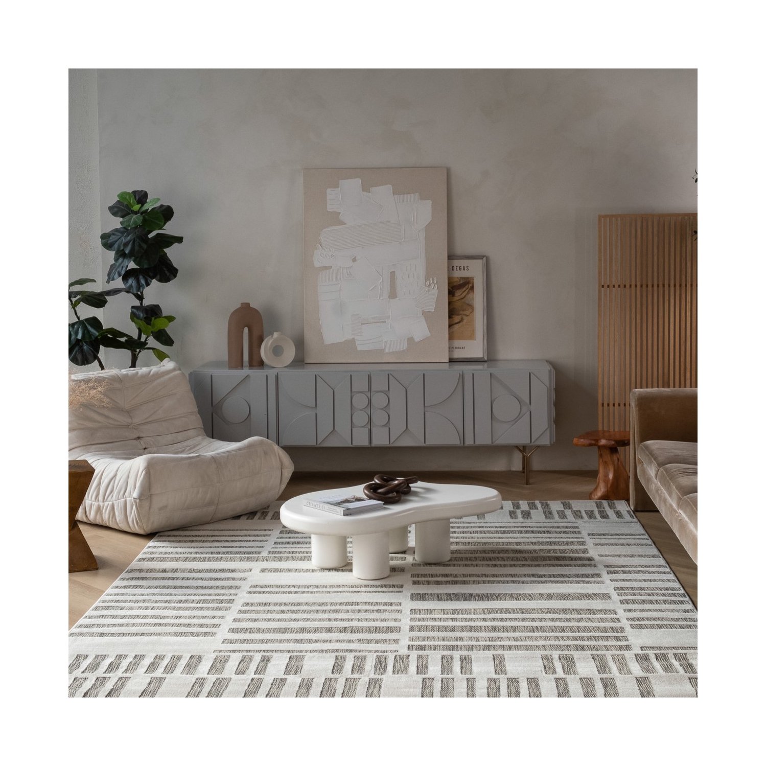 Tapis d'intérieur contemporain à rayures crème/beige Branch Linea