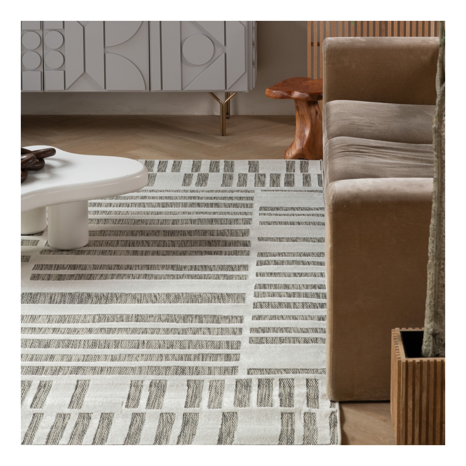 Tapis d'intérieur contemporain à rayures crème/beige Branch Linea