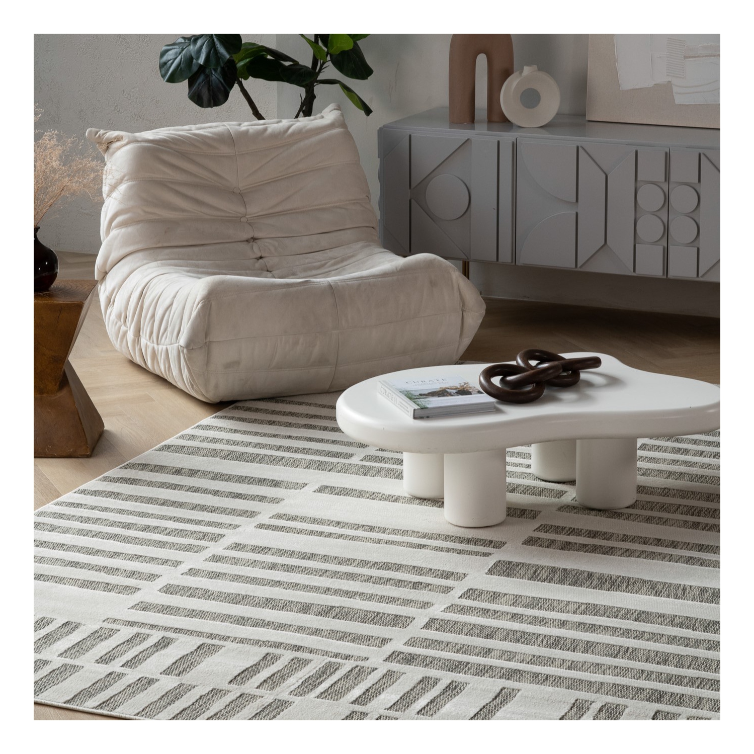 Tapis d'intérieur contemporain à rayures crème/beige Branch Linea