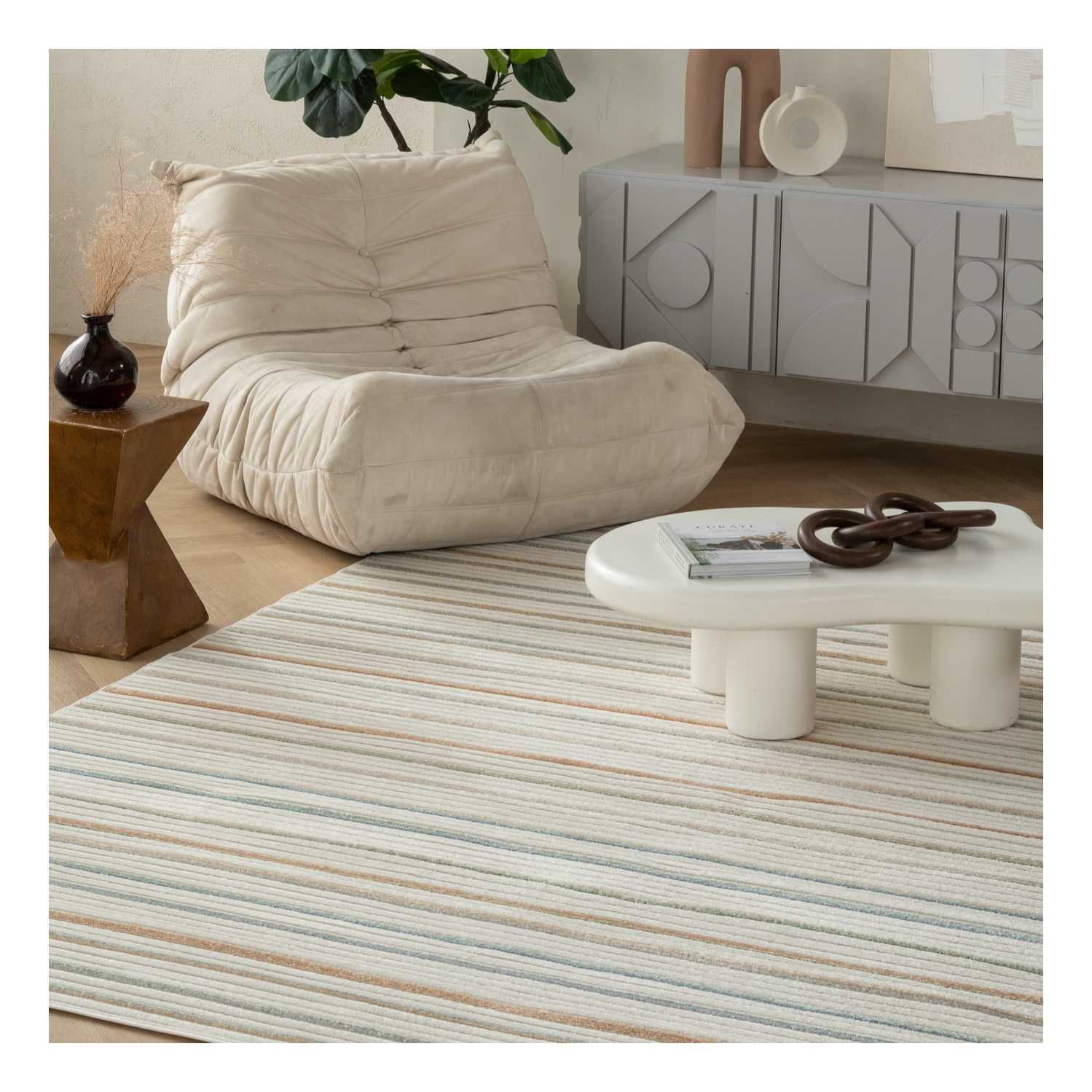 Tapis d'intérieur contemporain à rayures crème/beige Solena Branch