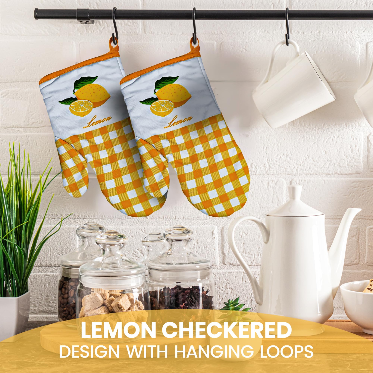 Canadian Linen Oven Mitts, 180°C Heat Resistant Cotton Non Slip Grip Machine Washable Oven Gloves for Kitchen Cooking Grilling BBQ, Yellow Checkered