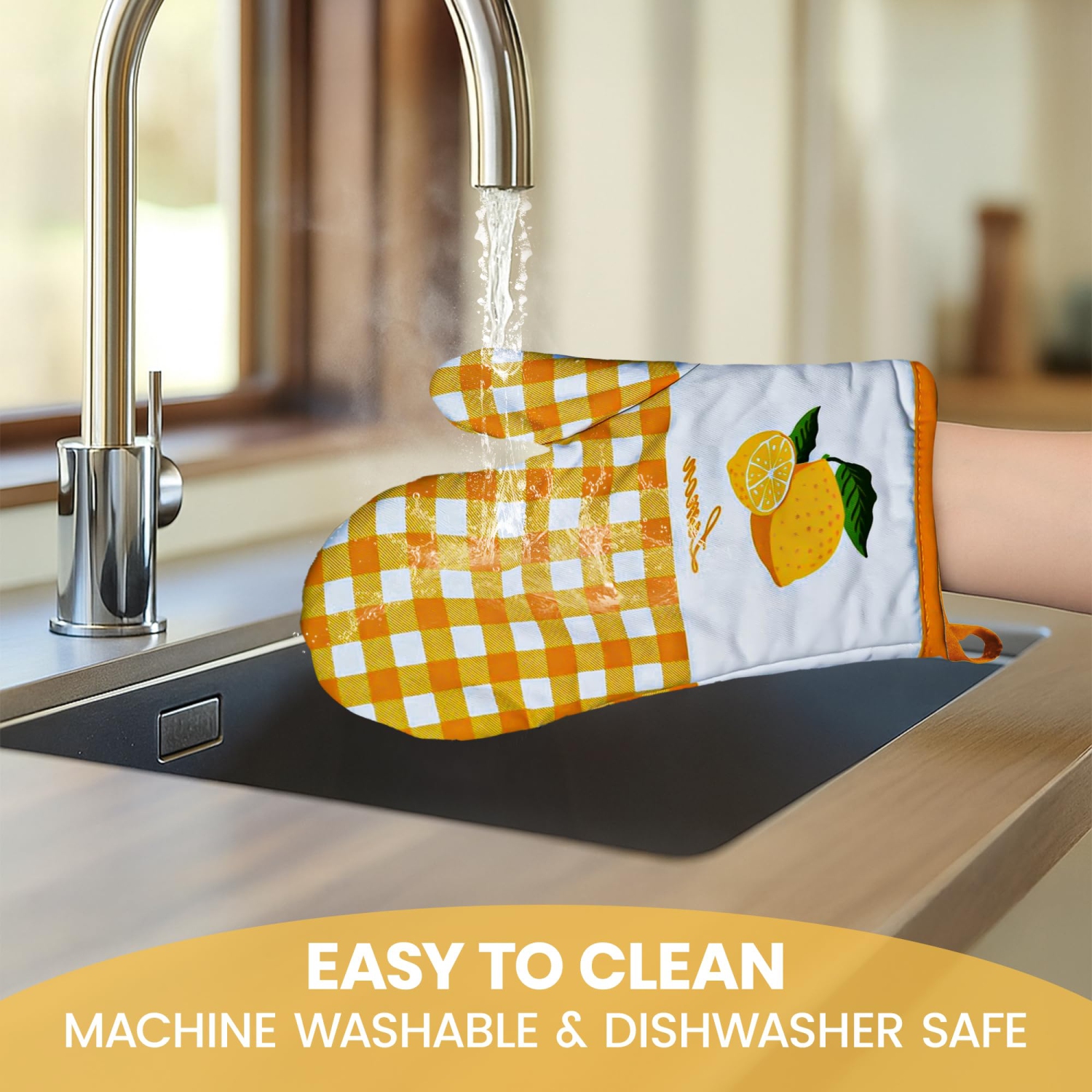 Canadian Linen Oven Mitts, 180°C Heat Resistant Cotton Non Slip Grip Machine Washable Oven Gloves for Kitchen Cooking Grilling BBQ, Yellow Checkered