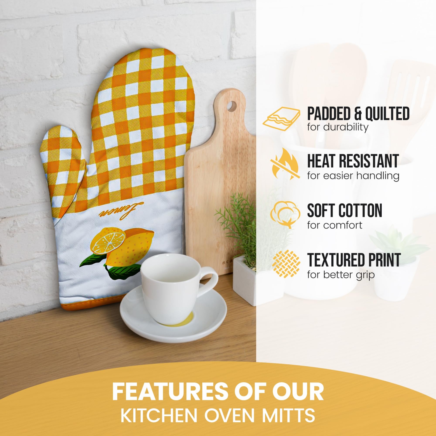 Canadian Linen Oven Mitts, 180°C Heat Resistant Cotton Non Slip Grip Machine Washable Oven Gloves for Kitchen Cooking Grilling BBQ, Yellow Checkered