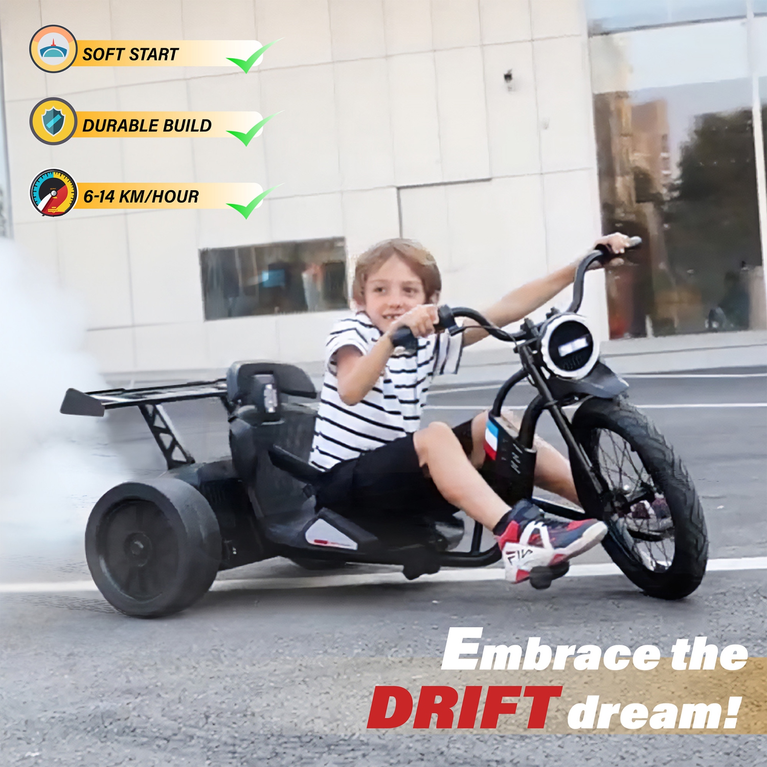 Voltz Toys Electric Drift Trike, 24V Drifter with 3-Wheels Outdoor Ride-on Car for Kids, Battery Powered Electric Vehicle with LED Lights and 16' Air