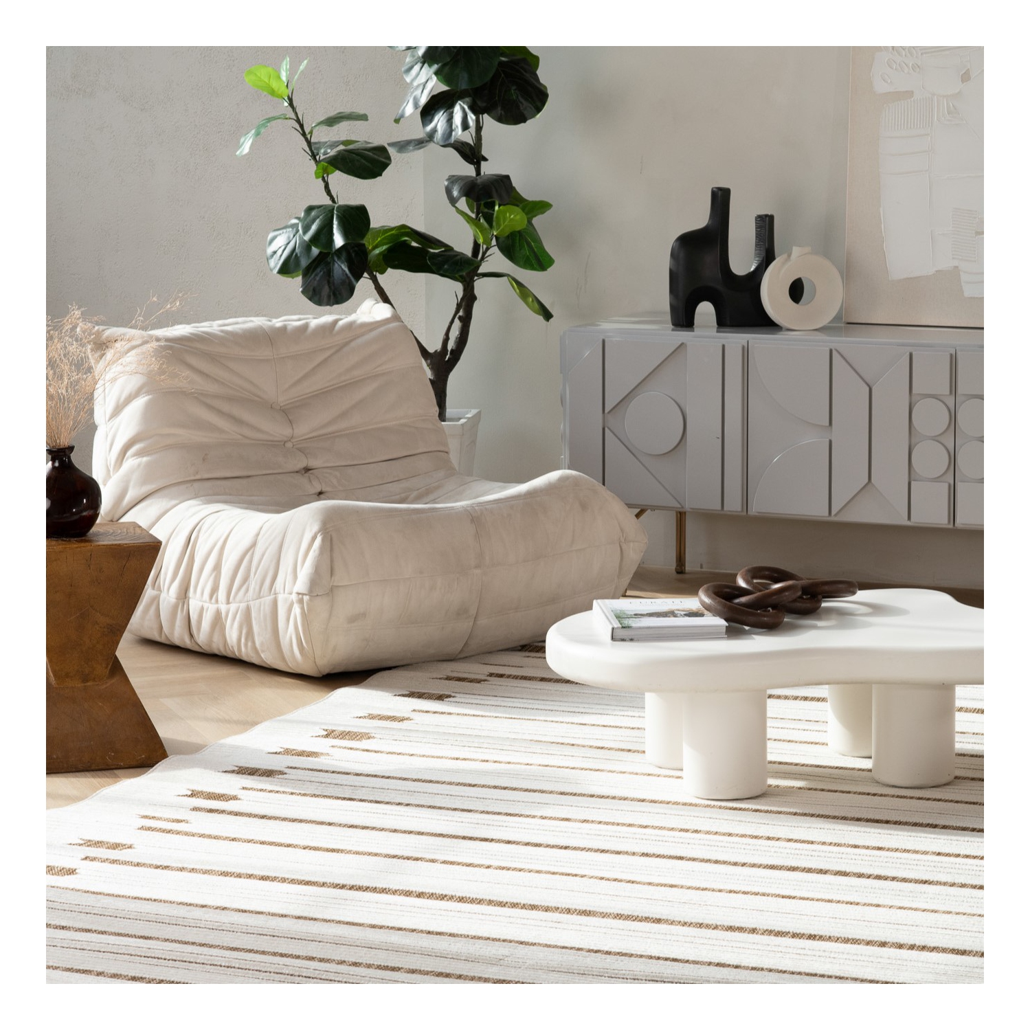 Tapis d'intérieur contemporain Axis, motif géométrique beige/brun