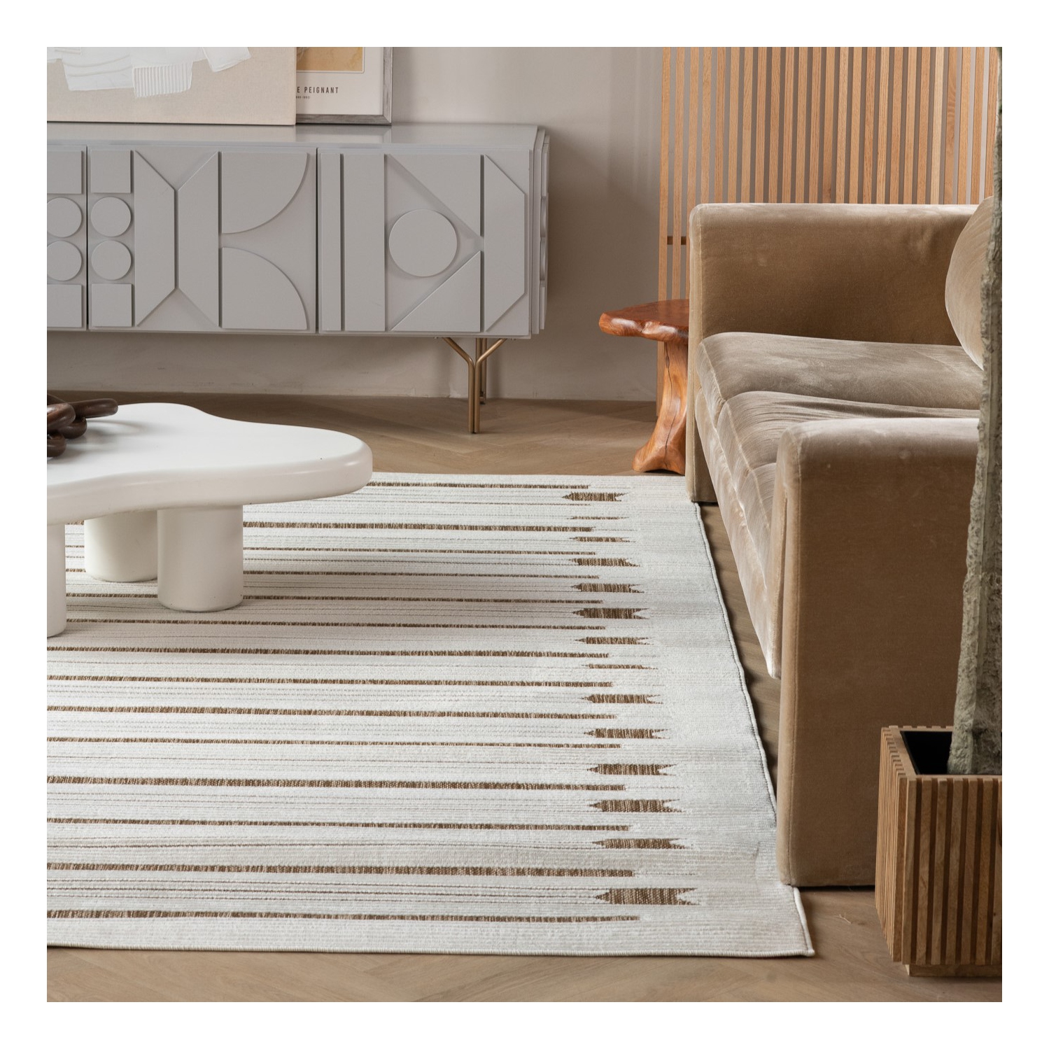 Tapis d'intérieur contemporain Axis, motif géométrique beige/brun