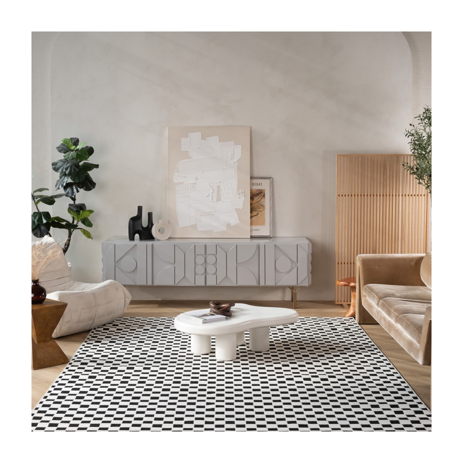 Tapis d'intérieur contemporain à damiers noir/blanc Branch de style Rocky