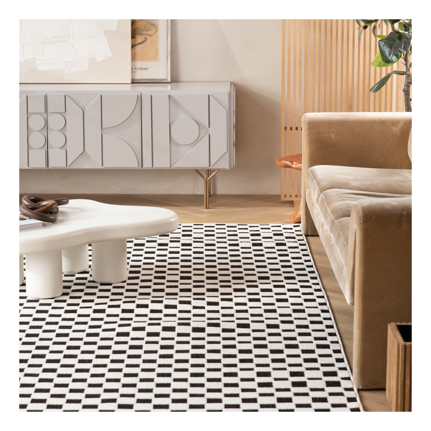 Tapis d'intérieur contemporain à damiers noir/blanc Branch de style Rocky