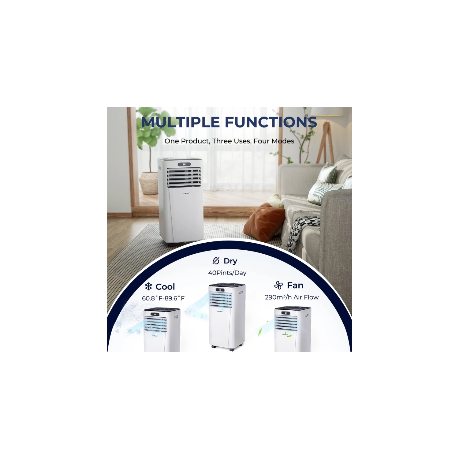 8000BTU Portable Air Conditioner | Cooling Fan with Drying, Sleep Mode, 24H Timer, Remote - Cools up to 230 Sq. ft