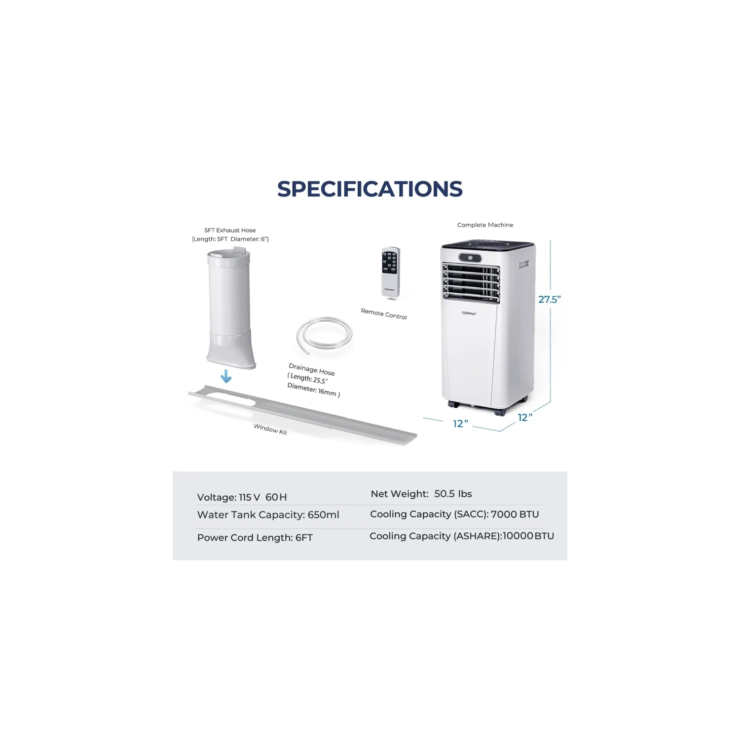 8000BTU Portable Air Conditioner | Cooling Fan with Drying, Sleep Mode, 24H Timer, Remote - Cools up to 230 Sq. ft