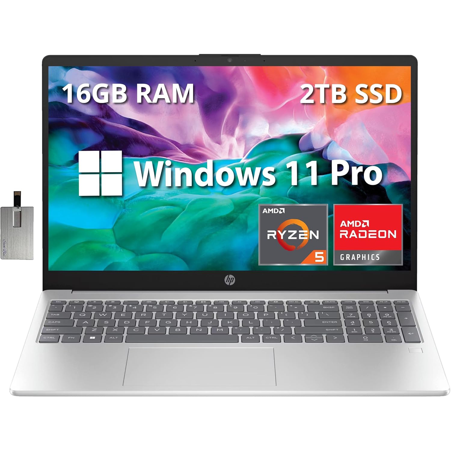 HP 15.6" Full HD Laptop, AMD Ryzen 5 7520U, 2TB SSD, 16GB DDR5 RAM, AMD Radeon Graphics, HD Camera, Wi-Fi 6, Win 11 Pro, Silver, 32GB Hotface USB Card