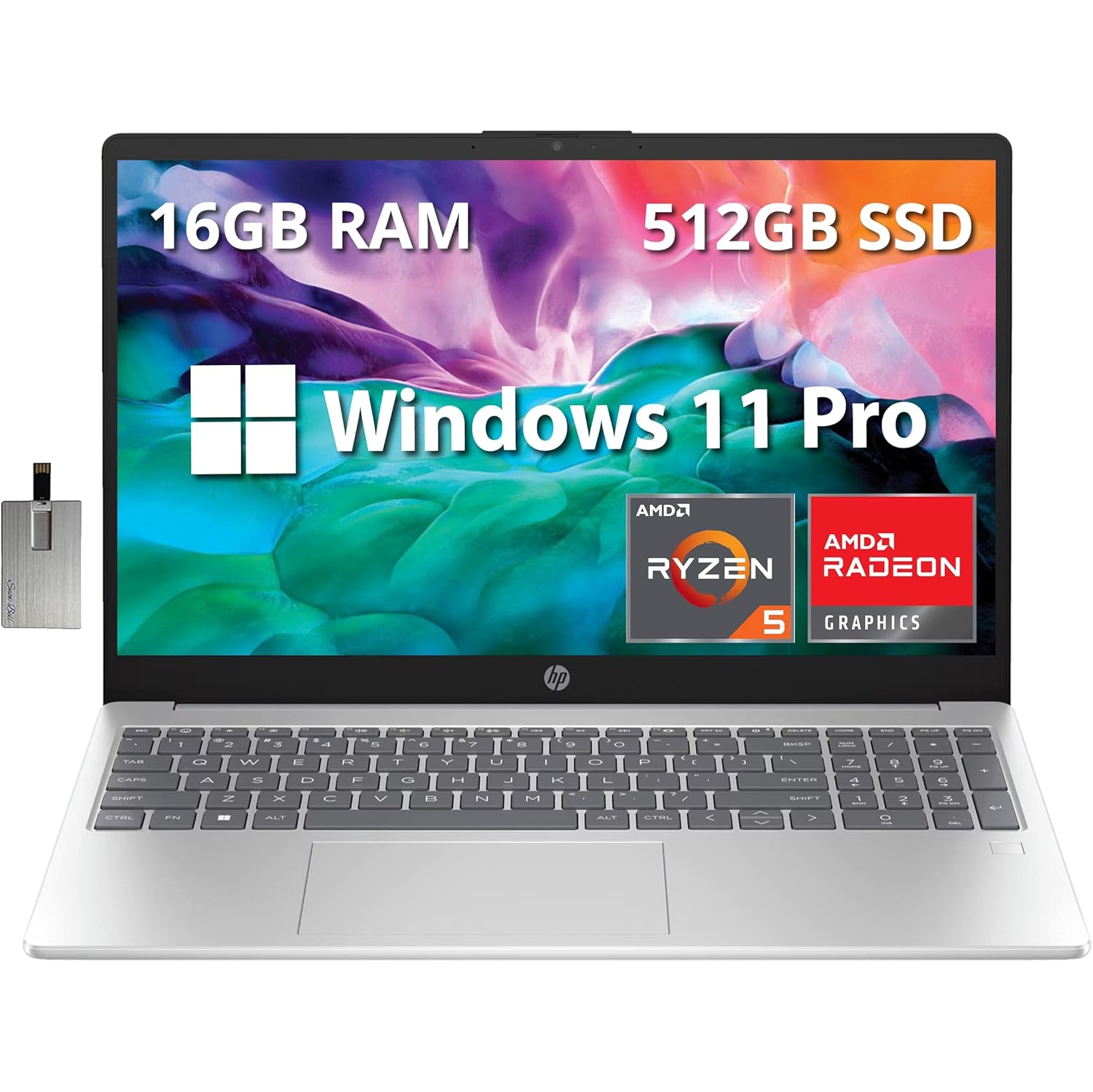 HP 15.6" Full HD Laptop, AMD Ryzen 5 7520U Processor, 512GB SSD, 16GB RAM, AMD Radeon Graphics, Bluetooth, Wi-Fi, Win11 Pro, Silver, 32GB Hotface USB Card