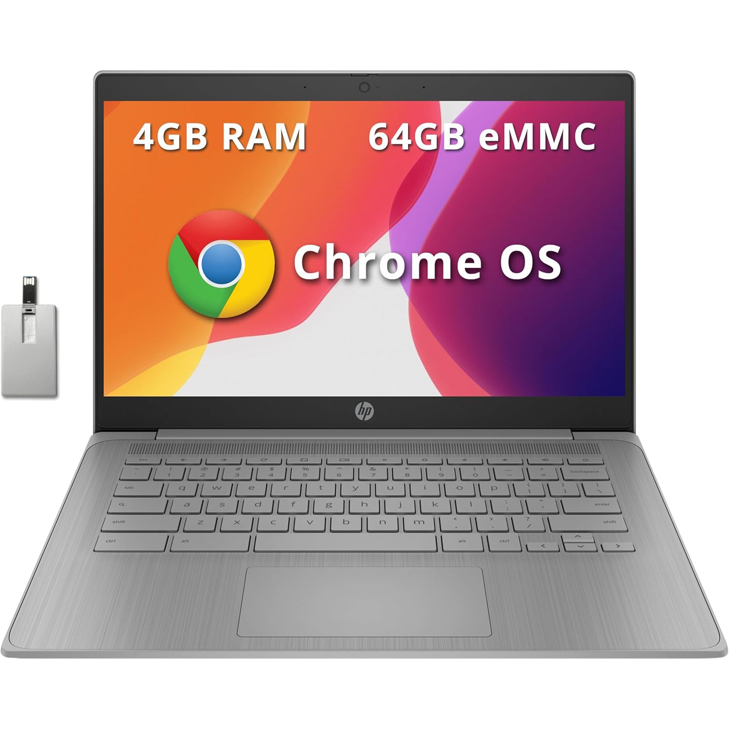 HP Chromebook 14" HD Laptop, Intel Celeron N4120, 64GB eMMC, 4GB RAM, Intel UHD Graphics 600, 720p HD Camera, Wi-Fi 5, Bluetooth, Modern Gray, Chrome OS, 128GB Hotface USB Card