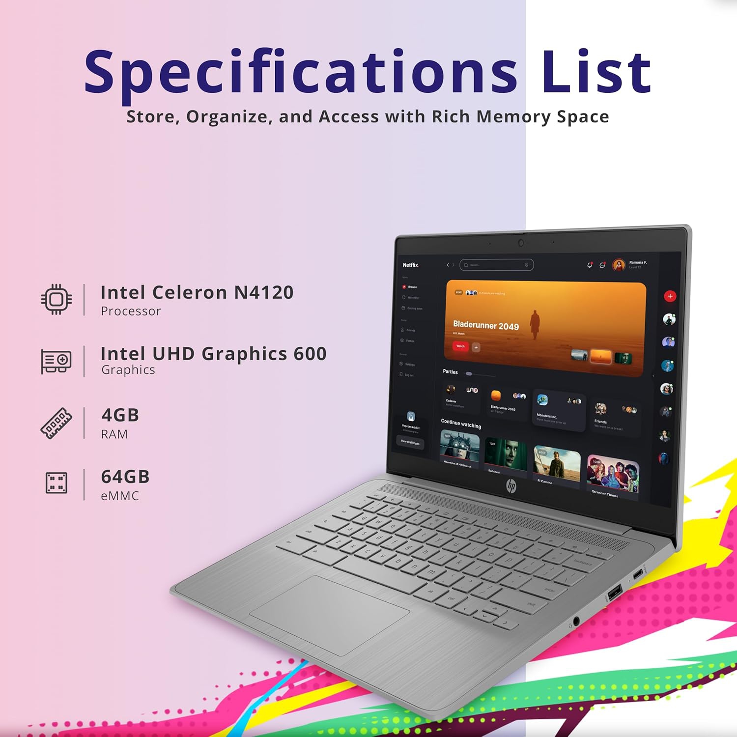 HP Chromebook 14" HD Laptop, Intel Celeron N4120, 64GB eMMC, 4GB RAM, Intel UHD Graphics 600, 720p HD Camera, Wi-Fi 5, Bluetooth, Modern Gray, Chrome