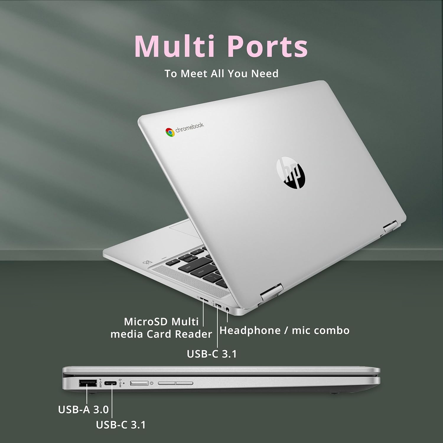 HP X360 2-in-1 Chromebook 14" HD Touchscreen Laptop, Intel Celeron N4500, 4GB RAM, 64GB eMMC, Intel UHD Graphics, Wi-Fi, Bluetooth, Silver, Chrome