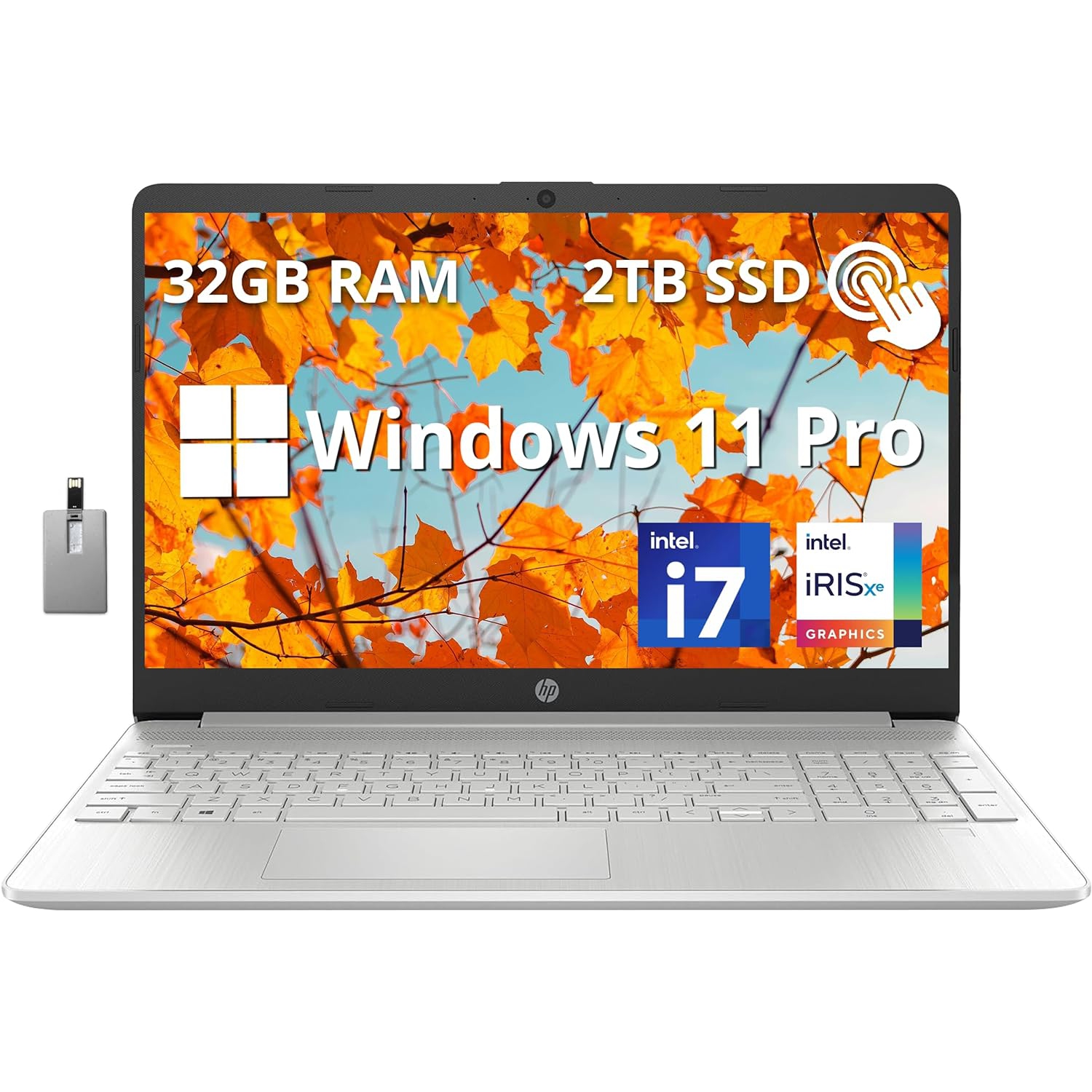 HP 15.6" FHD Touchscreen Laptop, Intel Core i7-1255U, 2TB PCIe SSD, 32GB RAM, Backlit Keyboard, Intel Iris Xe Graphics, HP Fast Charge, Win 11 Pro, Silver, 32GB Hotface USB Card