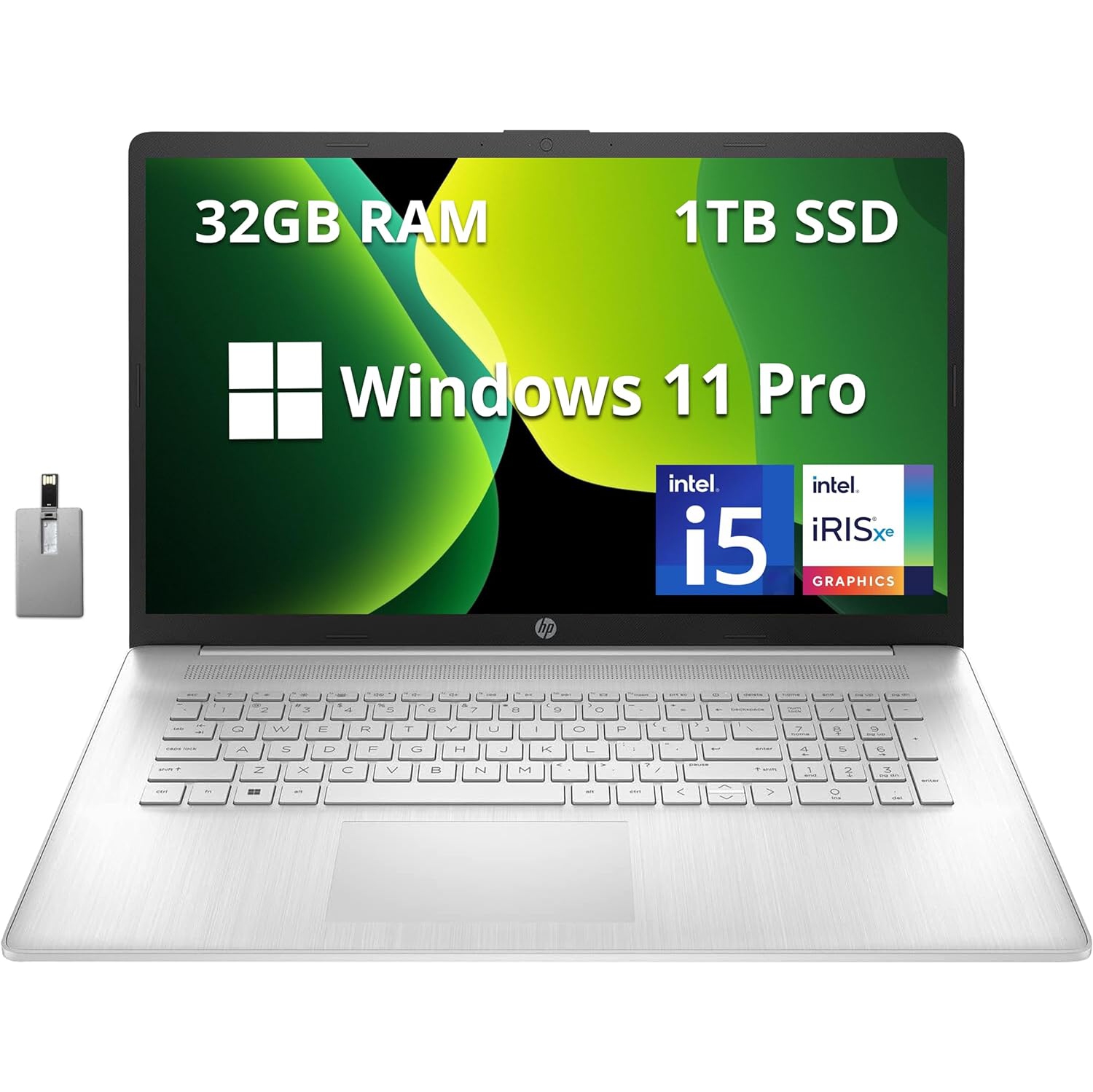 Open Box - HP 17.3" Anti-Glare HD Business Laptop, Intel Core i5-1235U, 1TB SSD, 32GB RAM, Backlit Keyboard, Silver, Windows 11 Pro, 32GB Hotface USB Card