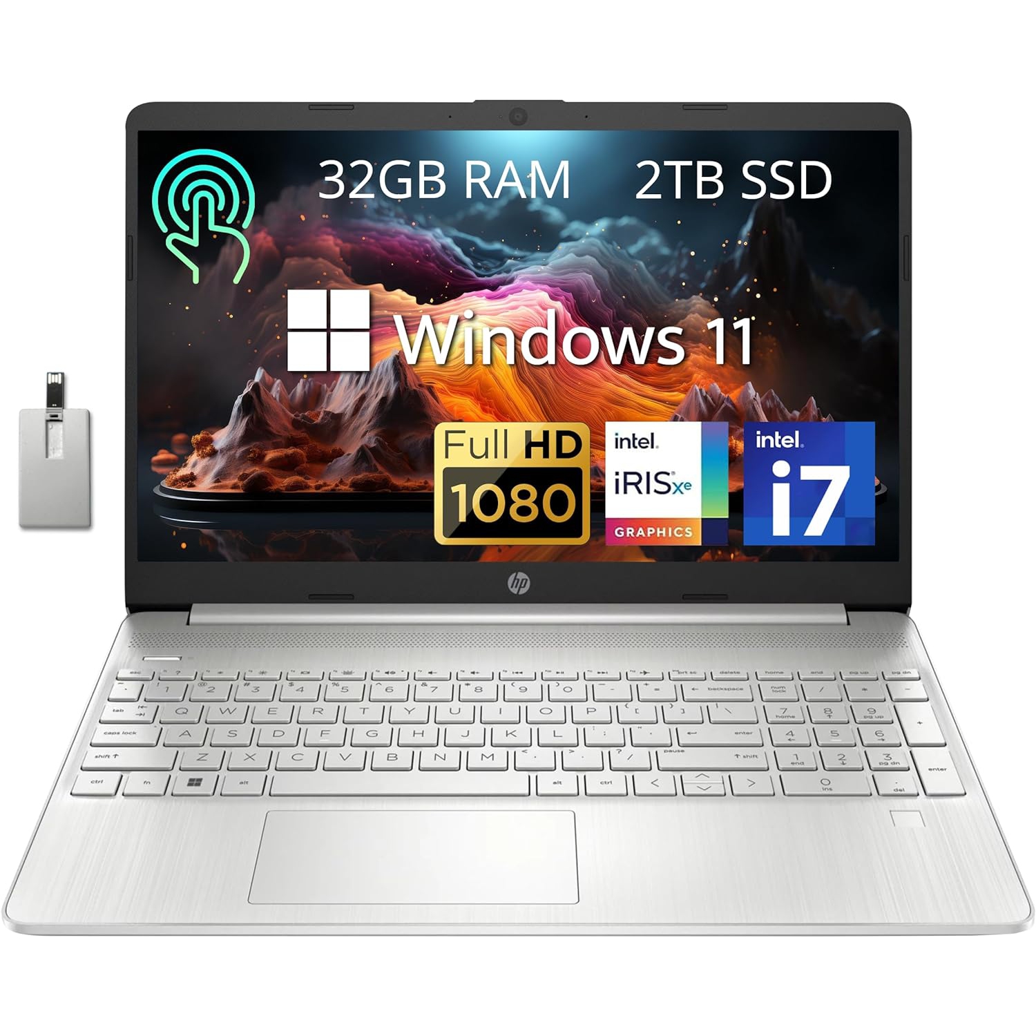 HP 15.6" FHD IPS Touchscreen Laptop, 11th Gen Intel Core i7-1165G7 Processor, 2TB SSD, 32GB DDR4 RAM, Intel Iris Xe Graphics, 720p HD Webcam, Windows 11, 32GB Hotface USB Card