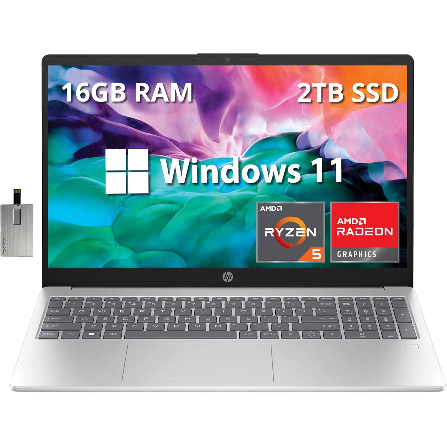 HP 15.6" Full HD Laptop, AMD Ryzen 5 7520U Processor, 2TB SSD, 16GB RAM, AMD Radeon Graphics, Bluetooth, Wi-Fi, Windows 11, Silver, 32GB Hotface USB Card