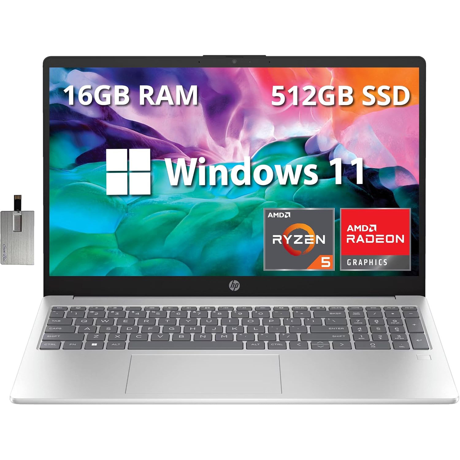 HP 15.6" Full HD Laptop, AMD Ryzen 5 7520U Processor, 512GB SSD, 16GB RAM, AMD Radeon Graphics, Bluetooth, Wi-Fi, Windows 11, Silver, 32GB Hotface USB Card