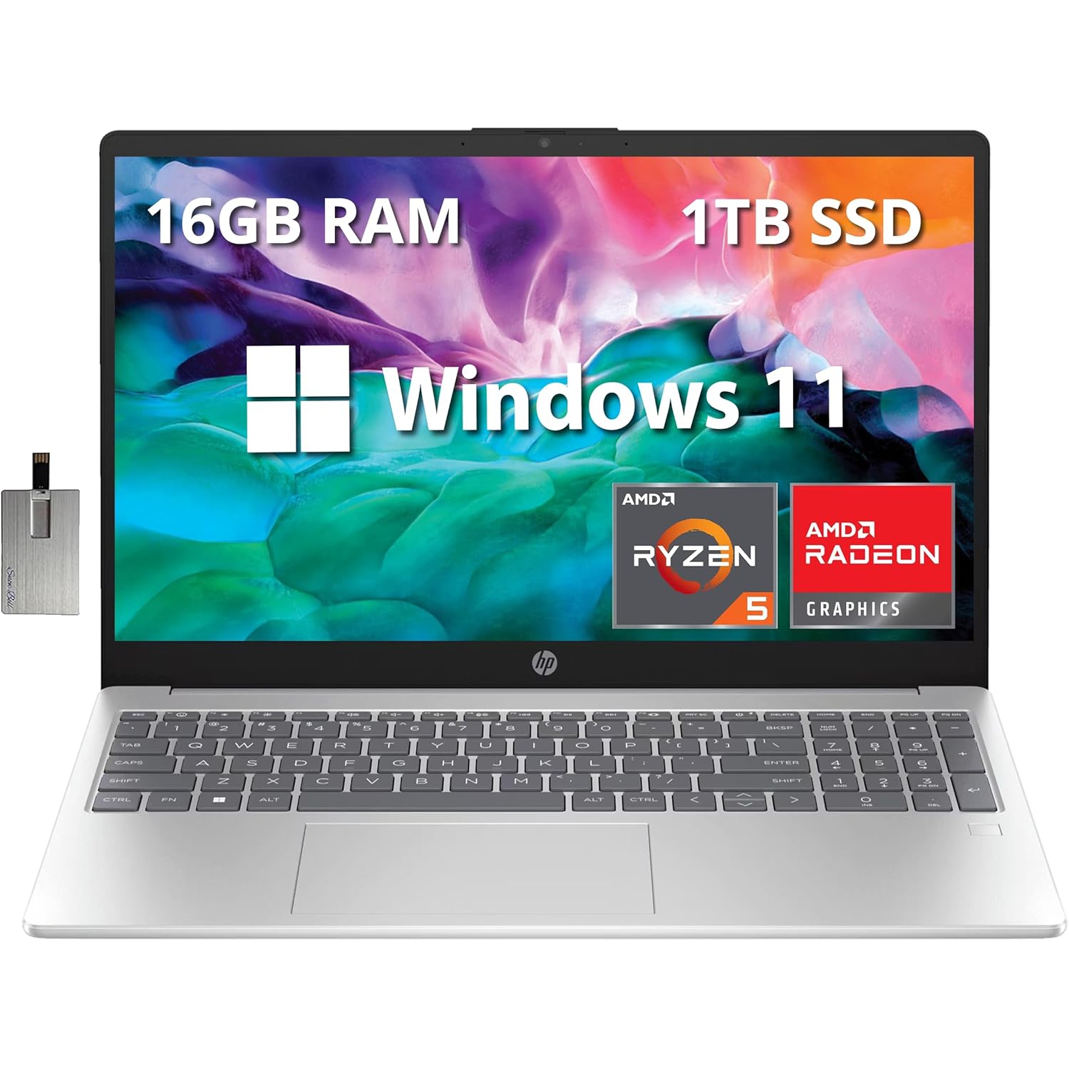 HP 15.6" Full HD Laptop, AMD Ryzen 5 7520U Processor, 1TB SSD, 16GB RAM, AMD Radeon Graphics, Bluetooth, Wi-Fi, Windows 11, Silver, 32GB Hotface USB Card