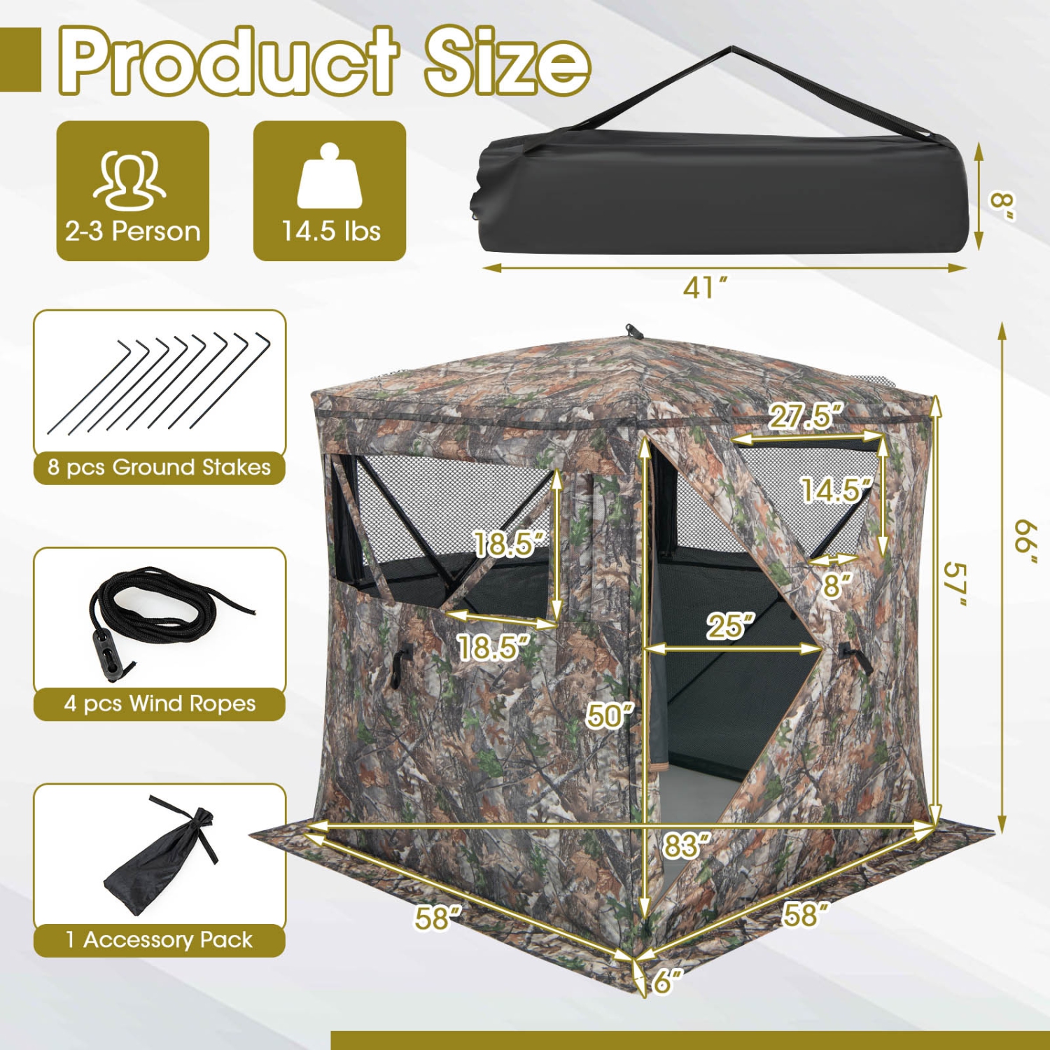 Tente de sol rétractable portative pour 2-3 personnes Hunting Blind de Costway avec pochette de rangement pour sac de transport