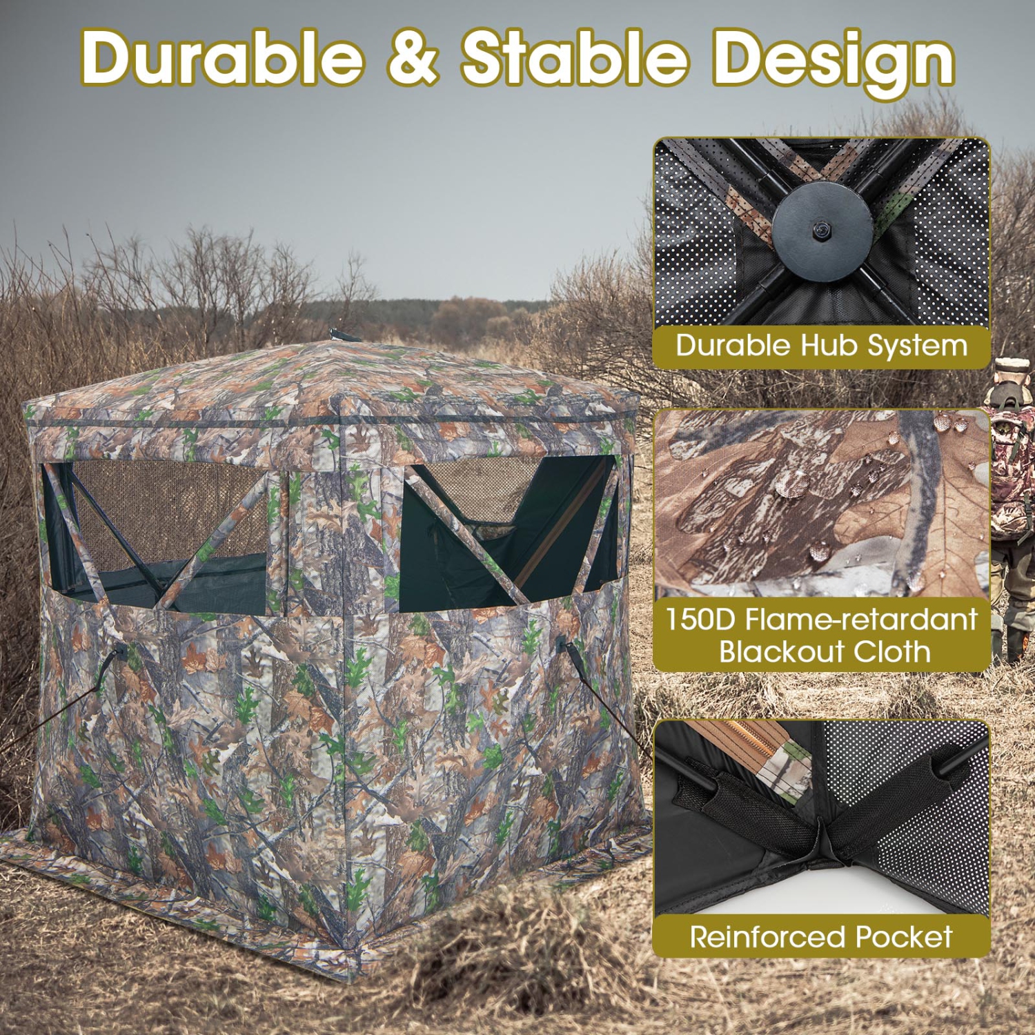 Tente de sol rétractable portative pour 2-3 personnes Hunting Blind de Costway avec pochette de rangement pour sac de transport