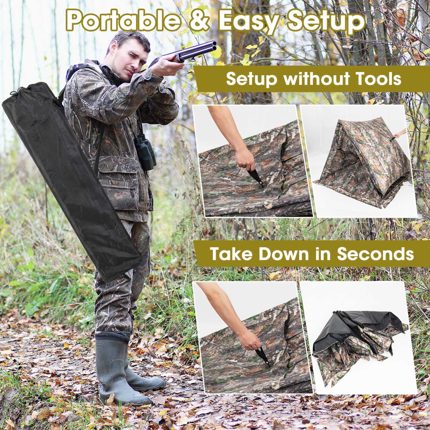 Tente de sol rétractable portative pour 2-3 personnes Hunting Blind de Costway avec pochette de rangement pour sac de transport
