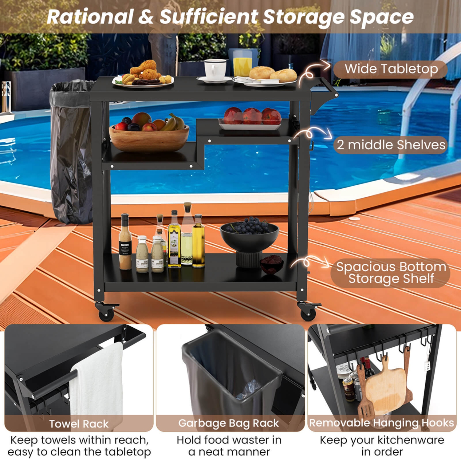 Support à pizza à 3 tablettes pour barbecue avec support à sac à ordures et crochets de Costway