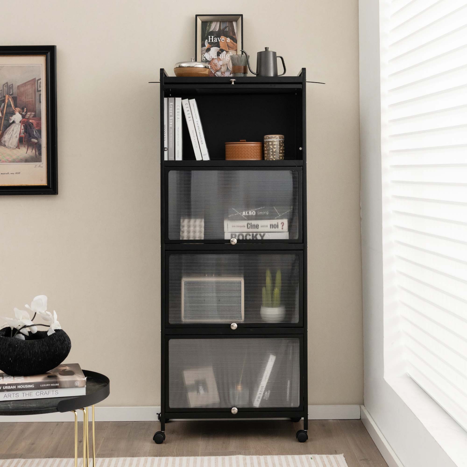 Costway 5-Tier Kitchen Baker's Rack Storage Cabinet Mobile Microwave Stand Flip-up Doors