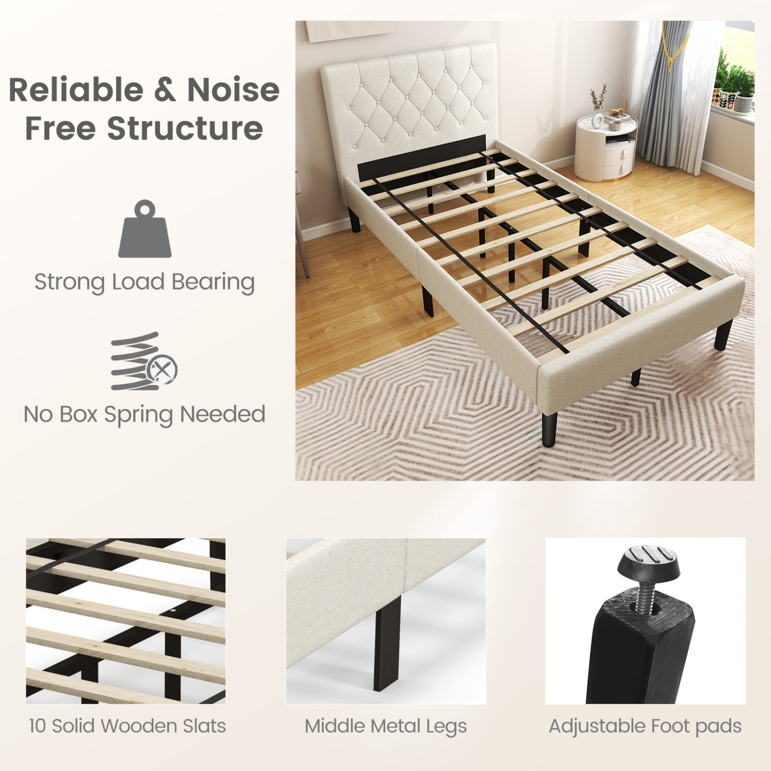 Costway Upholstered Platform Bed Twin Size Button Tufted Headboard Wooden Slats Support